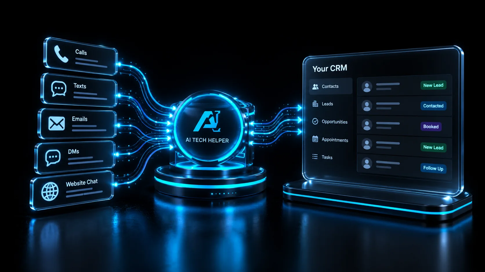 Every channel flowing into a single hub synced to a CRM
