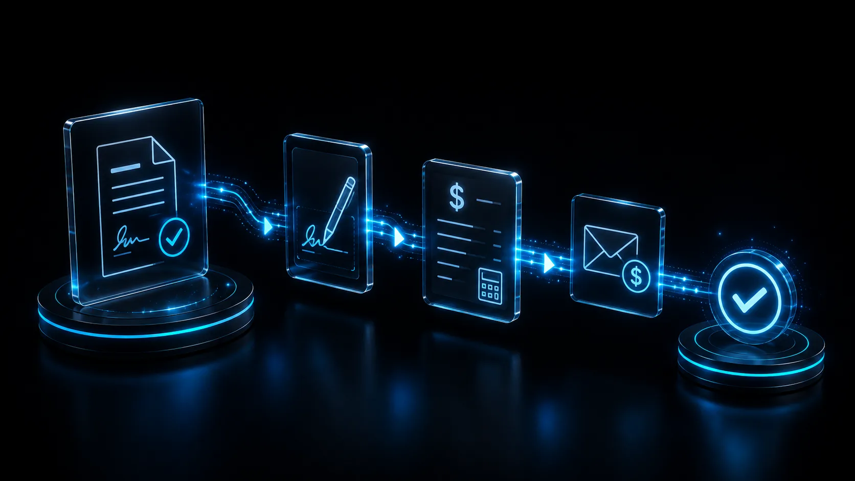 A paperwork pipeline moving from contract to signature to paid invoice